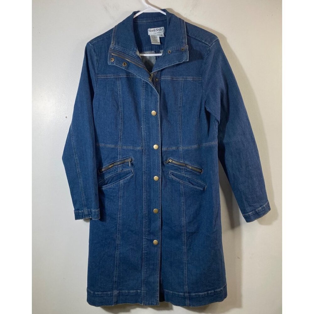 Womens Vintage Northstyle Denim Zip Coat Duster Blue M Cotton Spandex Pockets